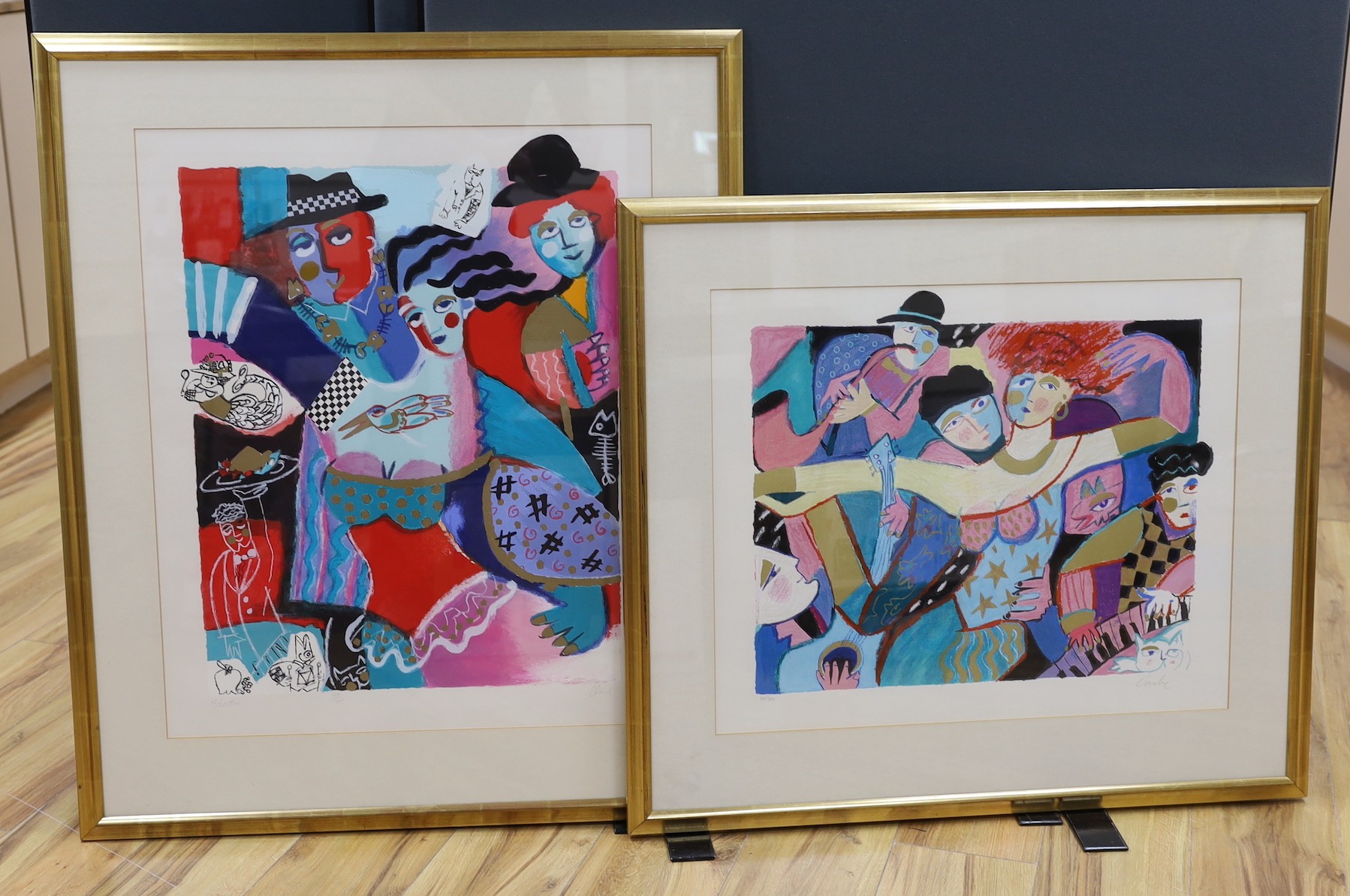 Two modern limited edition prints, ‘Show Time’ and ‘Dancing Woman’, indistinctly signed, 120/350 and 269/350, 66 x 55cm and 50 x 60cm
